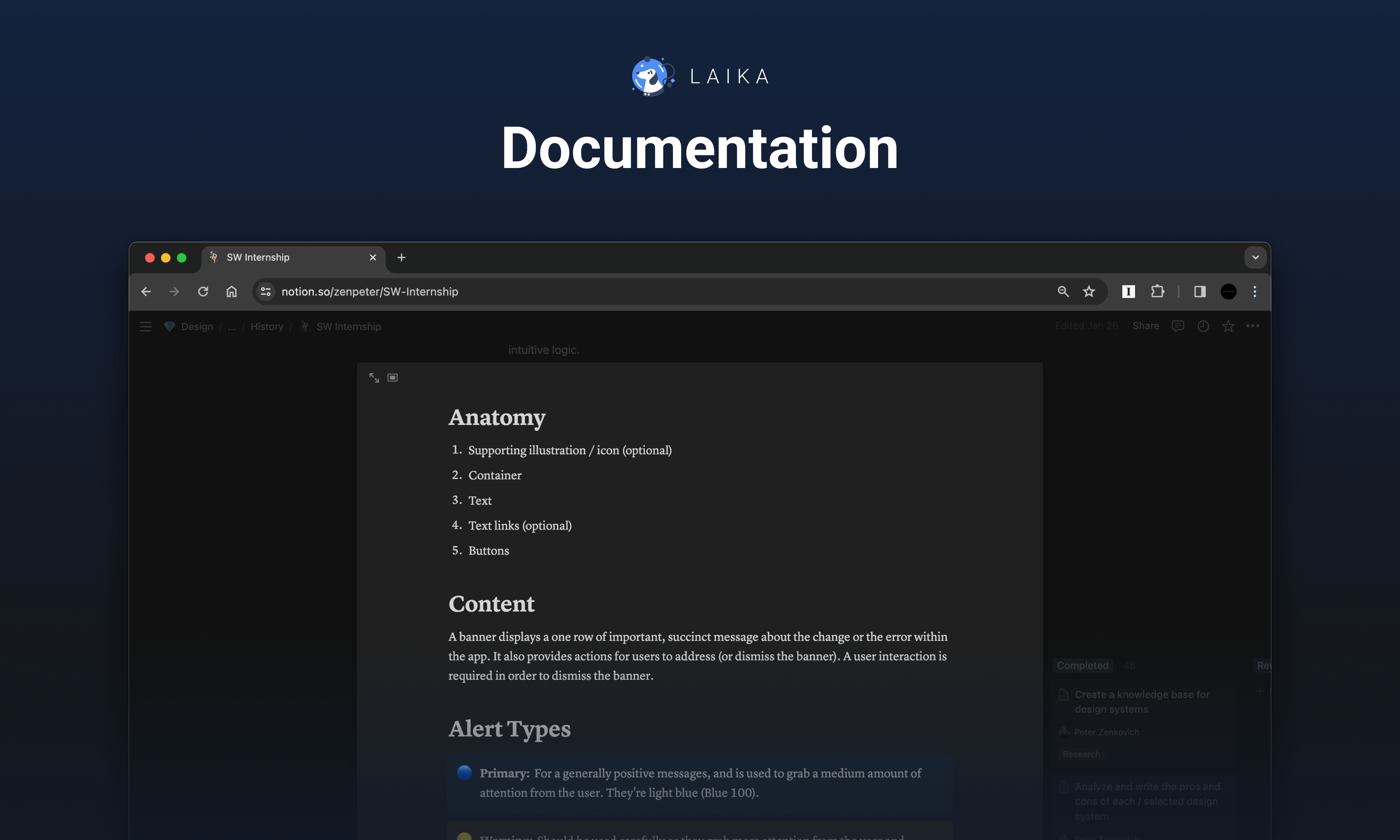 Preview of the Laika documentation in Notion
